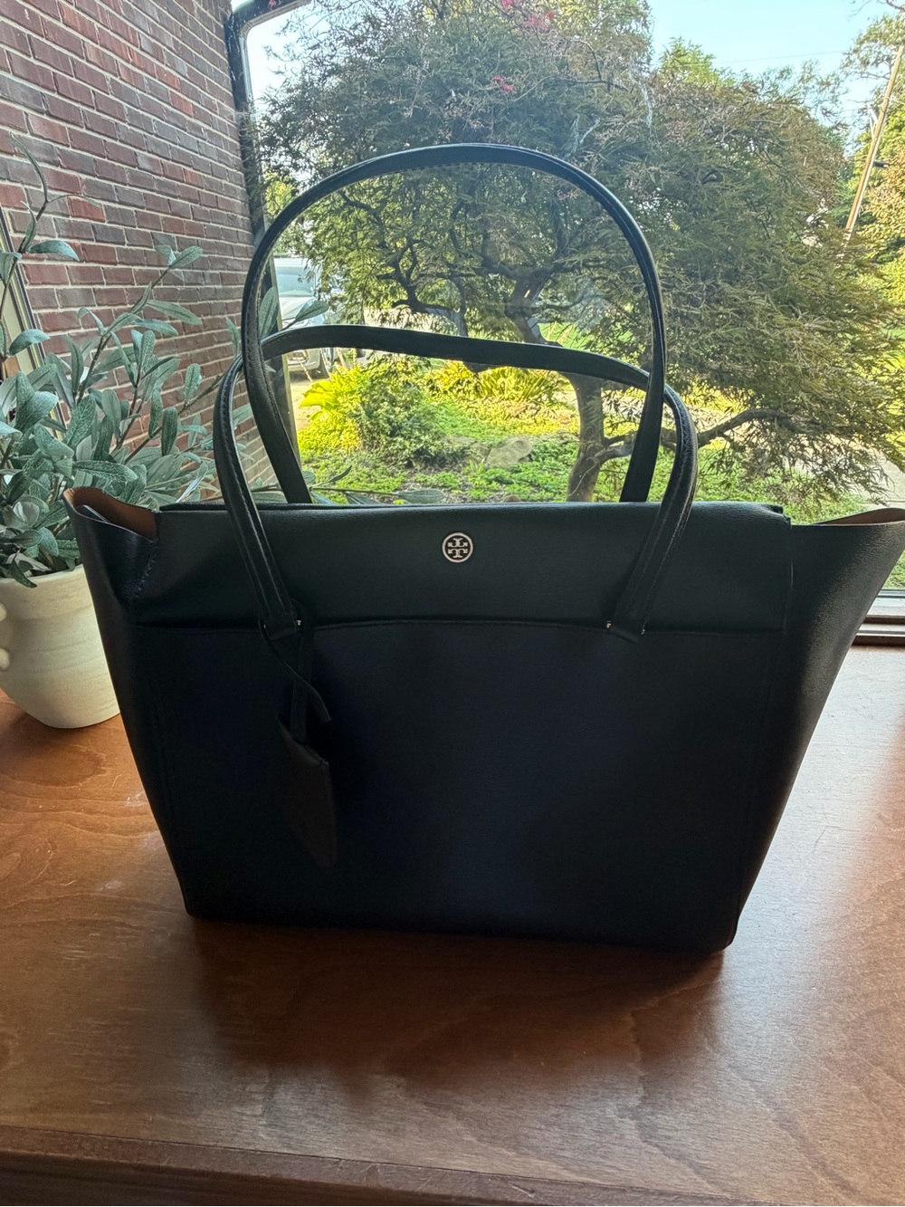 Tory Burch Black Leather Tote with Logo Medallion